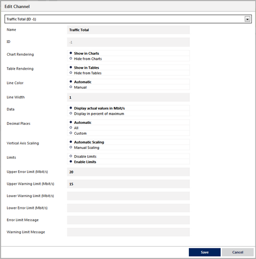 Channel Settings for an SNMP Traffic Sensor Channel Settings for an SNMP Traffic Sensor