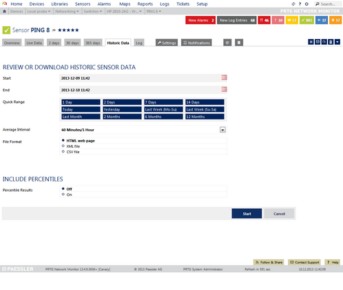 Historic Data Tab of a Ping Sensor Historic Data Tab of a Ping Sensor