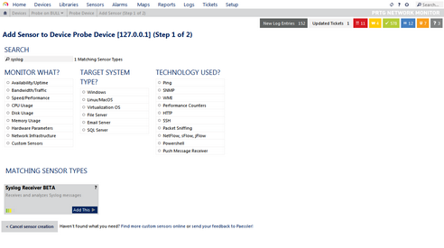 Syslog Receiver Sensor in the Add Sensor Dialog Syslog Receiver Sensor in the Add Sensor Dialog