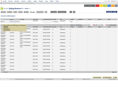 Received Syslogs on the Messages Tab Received Syslogs on the Messages Tab